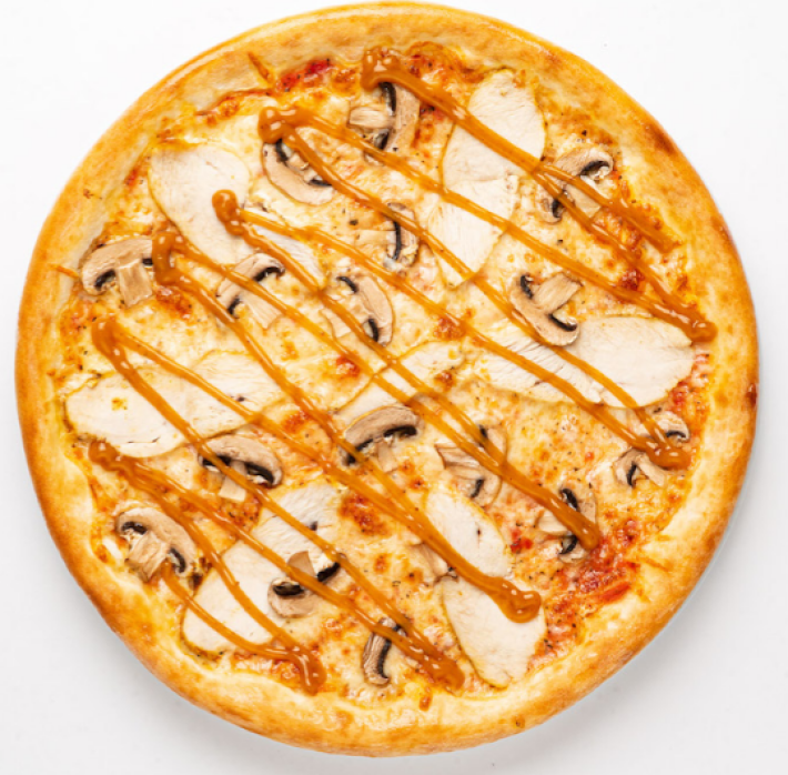 Пицца «Цыплёнок с грибами» под соусом «Карри» (на пышном тесте)