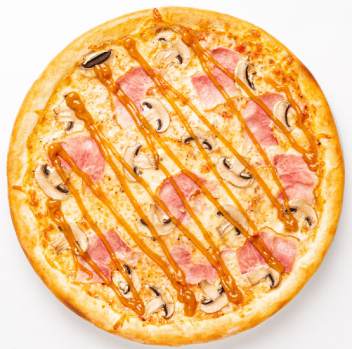 Пицца «Ветчина с грибами» под соусом карри (на пышном тесте)