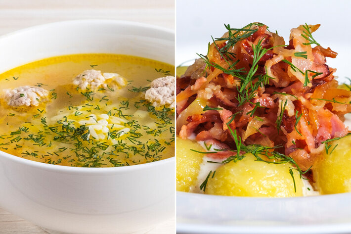 Комплекс-ланч №1 (Домашний суп с фрикадельками + Картофельные клецки с соусом «Бешамель», жареным беконом и луком)