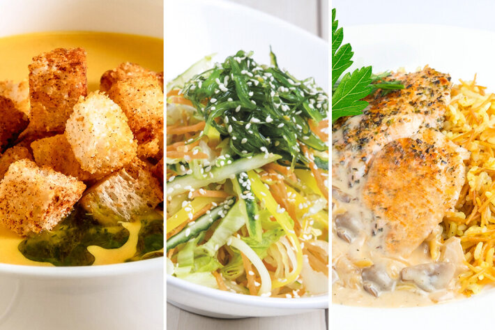 Домашняя еда №14 (Морковный крем-суп с карри + Куриное филе с грибным соусом и рисом пилав + Азиатский салат с кунжутом)