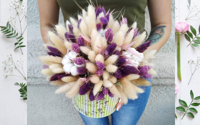 Коробка с сухоцветами в фиолетовых оттенках