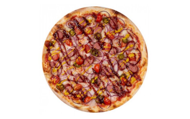 Пицца с копчёными колбасками на тонком тесте