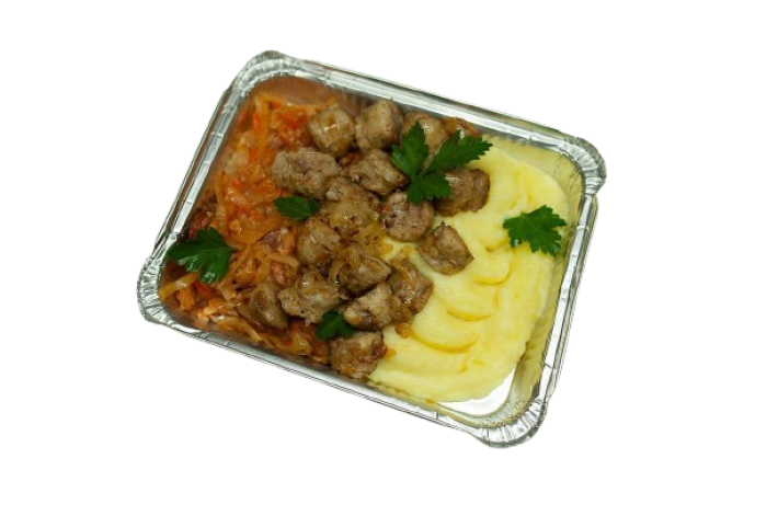 Колбаски «По-домашнему с картофельным пюре и томленой капустой»