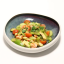 Салат с жареными креветками, авокадо, овощами и тайским соусом